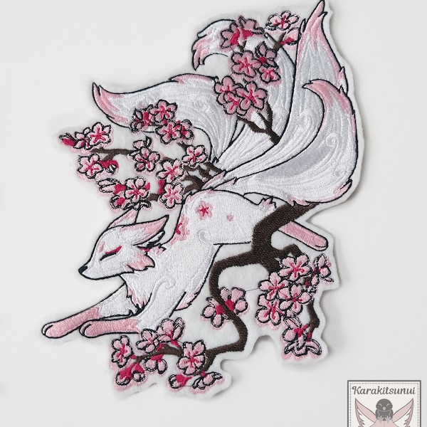 Large Embroidered Cherry Blossom Fox Kitsune Applique Patch Iron on or Sew on