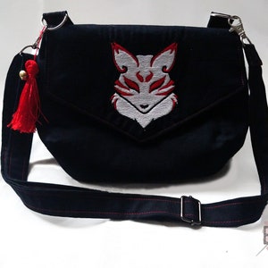 Embroidered Kitsune Fox Head Handmade Cross Body Clutch Purse with Flap