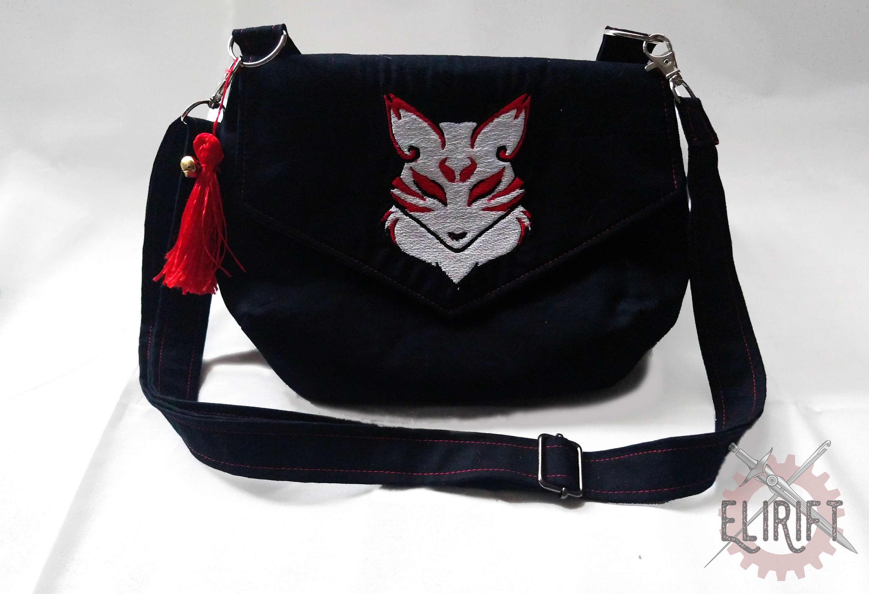 Handmade Cross Body Clutch Purse with Flap - Embroidered Kitsune Fox Head