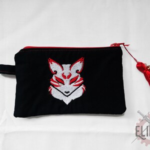 Pochette zippée portefeuille faite main brodée Fox Head Kitsune