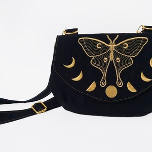 Handmade Embroidered Moon Phase Luna Moth Cross Body Clutch Purse with Flap