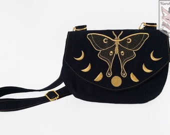 Handmade Embroidered Moon Phase Luna Moth Cross Body Clutch Purse with Flap