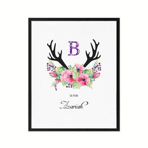 Arte de pared con inicial de la letra B, nombre personalizado imprimible, decoración del hogar, habitación de niña, flores de acuarela, regalo floral para ella, descarga digital