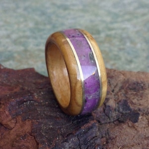 Wooden Ring With Olive Burl And Brass Bands And An Amethyst Inlay And A Maple Bent Wood Core, Wedding ring