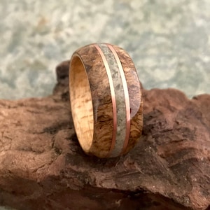 Wooden Ring With Spalted Oak Burl And Copper Bands Jade Inlay And Birch Bentwood Core, Wedding ring