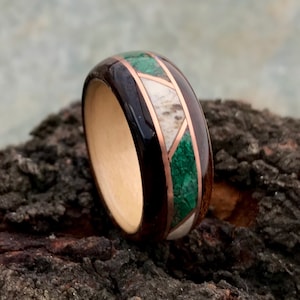 Desert Ironwood Ring With Copper Bands And Borders, Malachite Inlays, Deer Antler Inserts And A Maple Bentwood Core