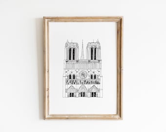 Notre Dame de Paris Illustration, Digital Download, Paris, France, City Landmark Illustration, Hand Drawn