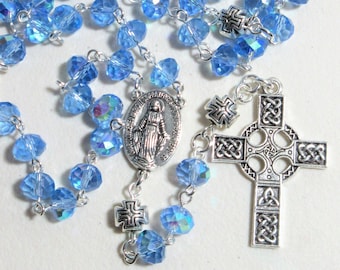 Blue Catholic rosary, cornflower AB faceted rondelles, prayer beads, 857