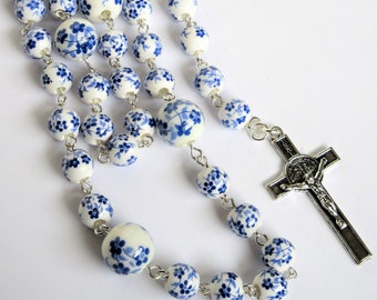 Blue on white ceramic Lutheran rosary, blue plum flowers, larger prayer beads, Longworth pattern, 730