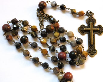 Lutheran rosary petrified wood made in Longworth pattern, larger beads, 2 inch cross, 744