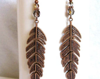 Copper feather earrings, 3" long, articulated feather with crystal Santander beads, 32