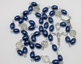 Blue Lutheran rosary, glass pearl ovals, "Tree of Life," Longworth pattern, 837