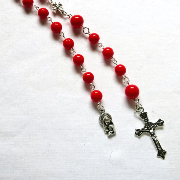 Red opaque Catholic pocket rosary, larger beads, 12 inches, 741