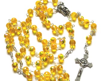 Yellow Catholic rosary, faceted 8mm larger beads, 440
