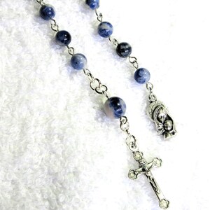 Blue Catholic pocket rosary, blue sodalite gemstones, Mother and Child medal, 768