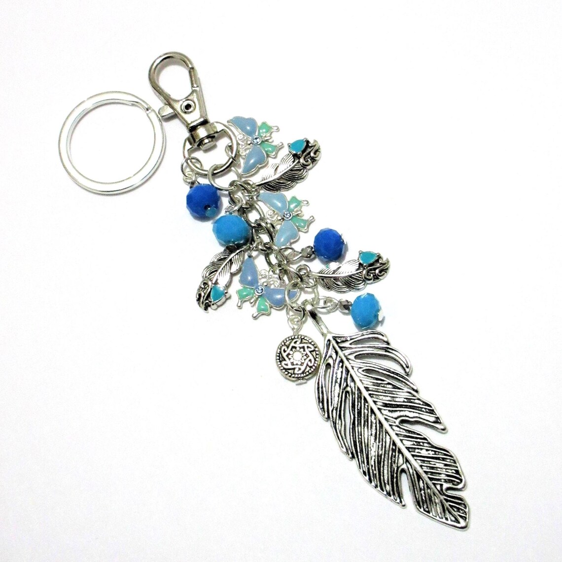 Feathers and Butterfly Keychain, Purse Dangle, Bag Charm, Blue and ...