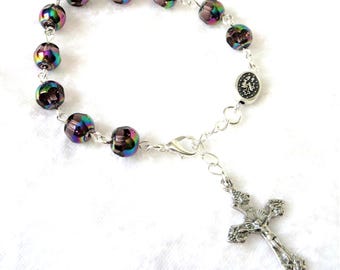 Catholic rosary bracelet, purple pocket chaplet, adjustable 7" to 8", 684