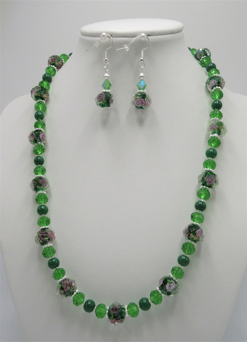 19 lampwork necklace set with 34 earrings 234 Green gold sand lampwork with solid core and green crystals jewelry set