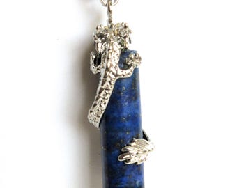 Dragon wrapped Lapis Lazuli pendant necklace, 2" platinum pendant, 24" chain, 577