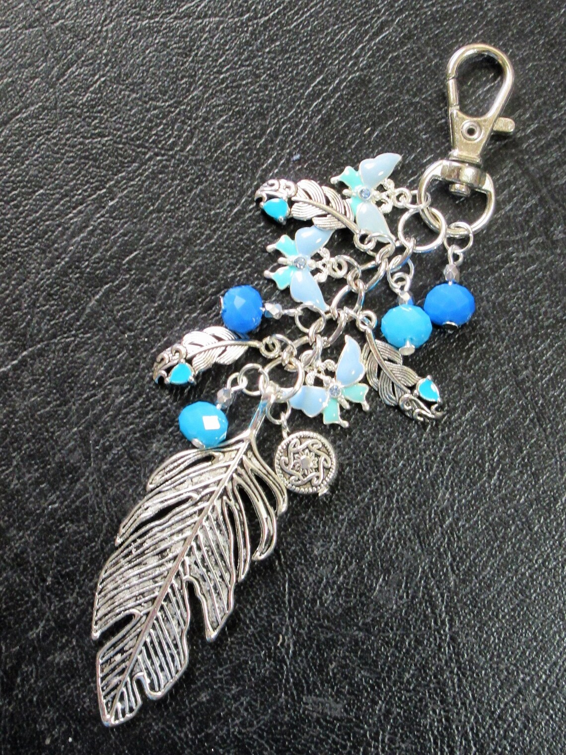 Feathers and Butterfly Keychain, Purse Dangle, Bag Charm, Blue and ...