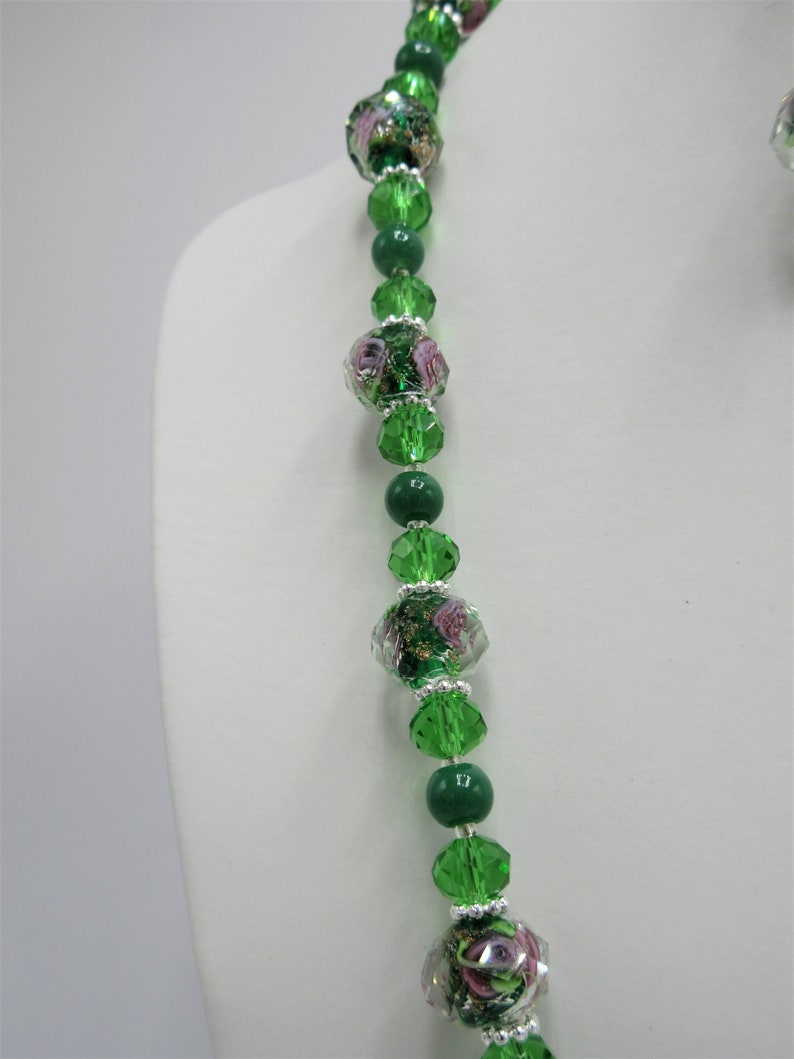 19 lampwork necklace set with 34 earrings 234 Green gold sand lampwork with solid core and green crystals jewelry set