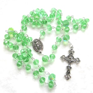 Green crystal Catholic rosary necklace, First Communion, Confirmation, 347