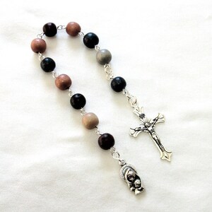 Catholic pocket rosary, multicolored wood, Italian Mother and Child, 8.5&quot; long,