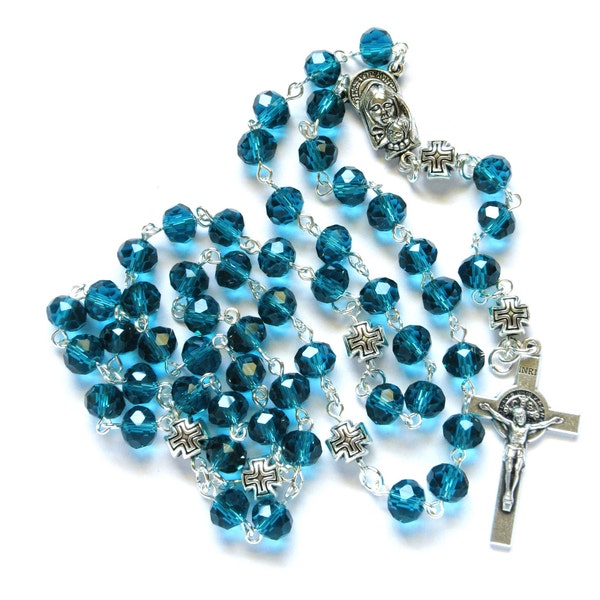 Dark Cyan Catholic rosary, Italian made crucifix, Mother and Child, 504