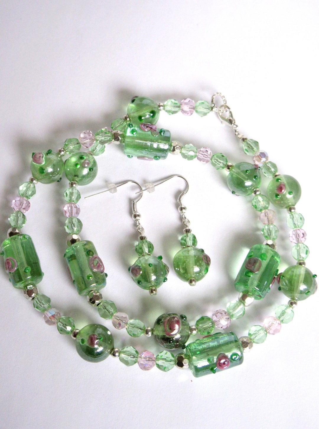 Light Green Lampworked Jewelry Set, Pink and Green Crystals, 20 Necklace, 1 Earrings, 809 Etsy