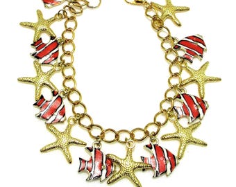 Seaside charm bracelet, starfish and angel fish charms, 7.5" bracelet, 606
