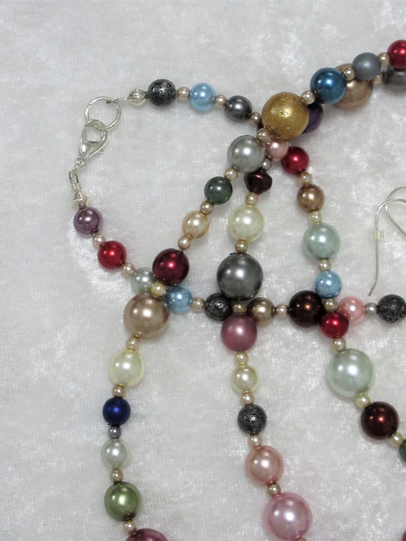 also use as wrap bracelet B-27 mixed colors 1 or 2 strands 40 pearl necklace /& 1 earrings Multicolored glass pearl jewelry set