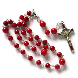 Anglican rosary with red riverstone prayer beads, Italian red enameled crucifix and Holy Spirit connector, 916