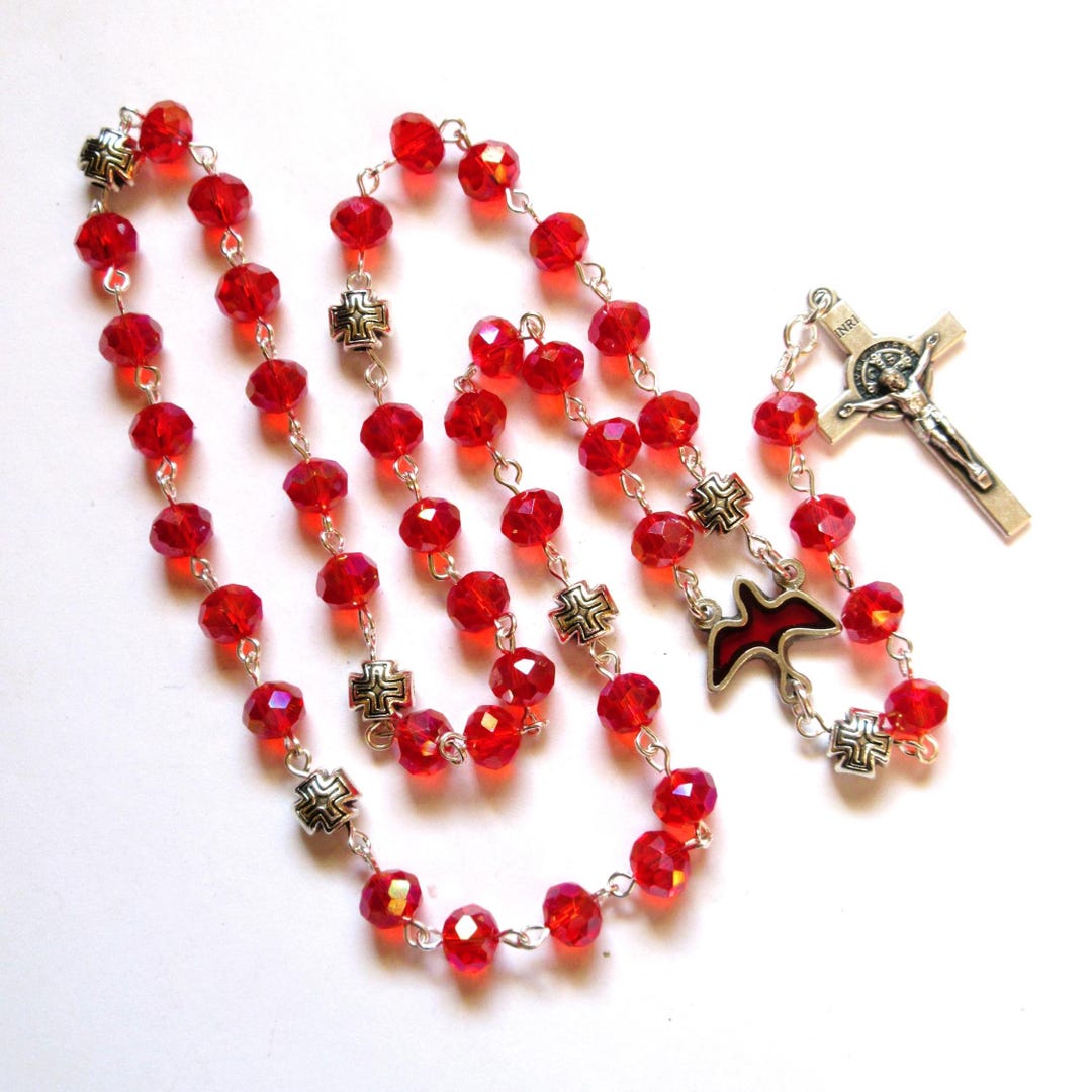 Light Red Lutheran Rosary With Italian Made Crucifix & Holy Spirit