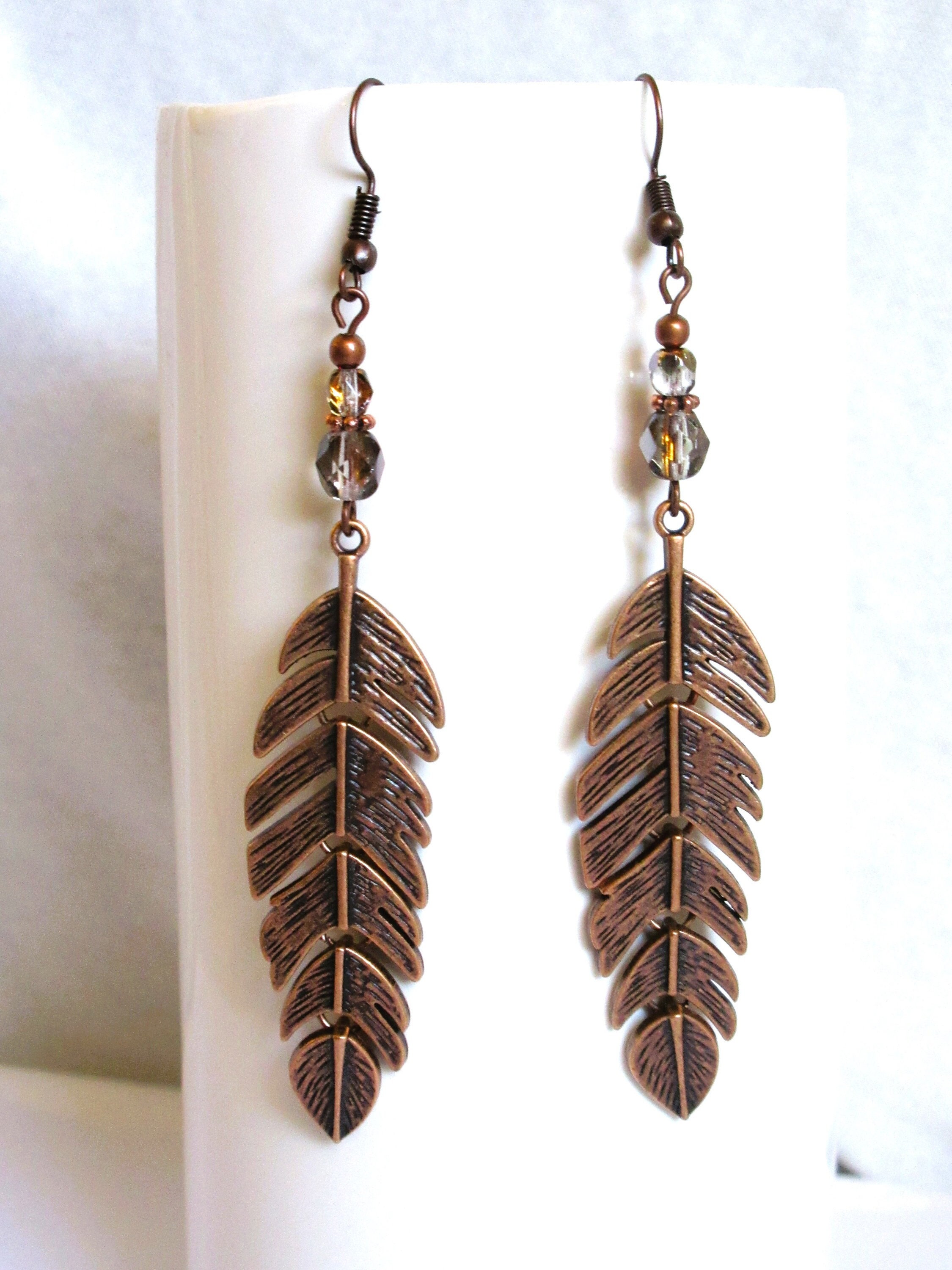 Copper Feather Earrings 3 Long Articulated Feather With Crystal