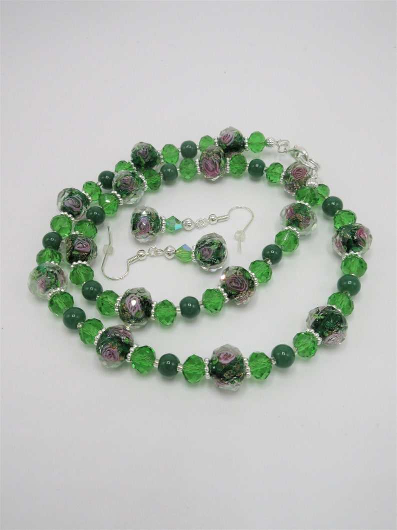 19 lampwork necklace set with 34 earrings 234 Green gold sand lampwork with solid core and green crystals jewelry set