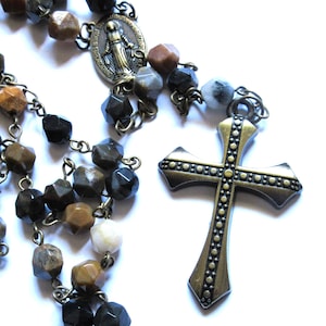 Petrified wood Catholic rosary, brown star cut gemstones, 5 decades, gift for man, 83