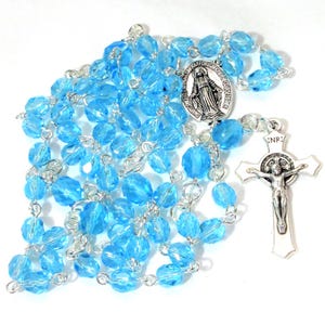 Aqua blue Catholic crystal rosary, hand linked prayer beads, traditional rosary, 425