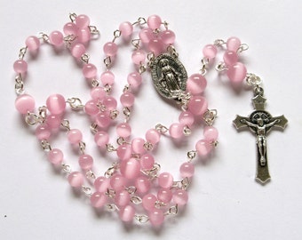 Pink Catholic rosary, cat's eye beads, traditional prayer beads, 435