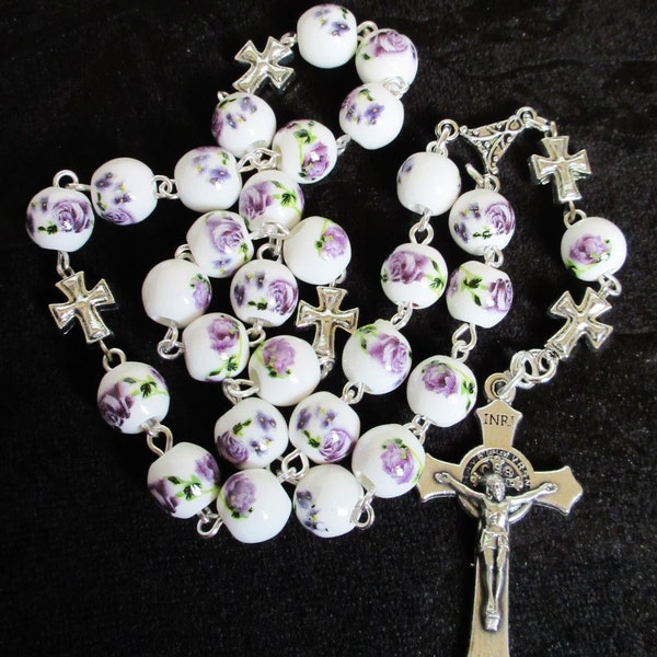 Anglican rosary, purple rose on white ceramic, multi denominations, 488
