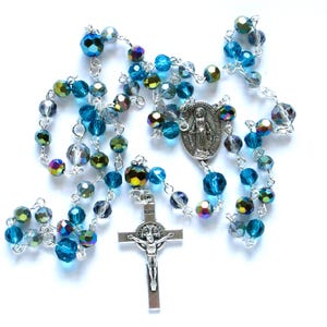 Blue Catholic crystal rosary, multicolored crystals, Miraculous medal, 821