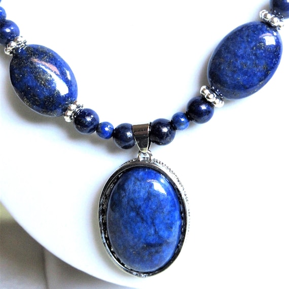 Lapis Lazuli Gemstone Pendant Necklace and Earrings Set, Platinum Finish