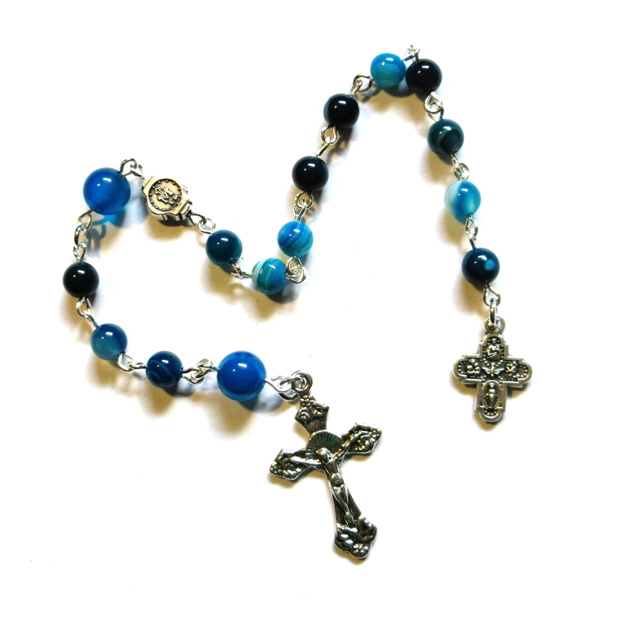 Blue Catholic Pattern Blue Catholic Pocket Rosary, Striped Agate Gemstones, 10.5 Inches Long ...