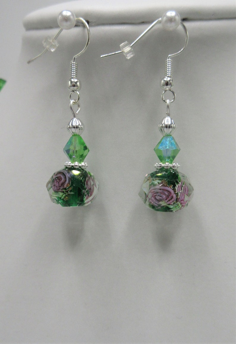 19 lampwork necklace set with 34 earrings 234 Green gold sand lampwork with solid core and green crystals jewelry set