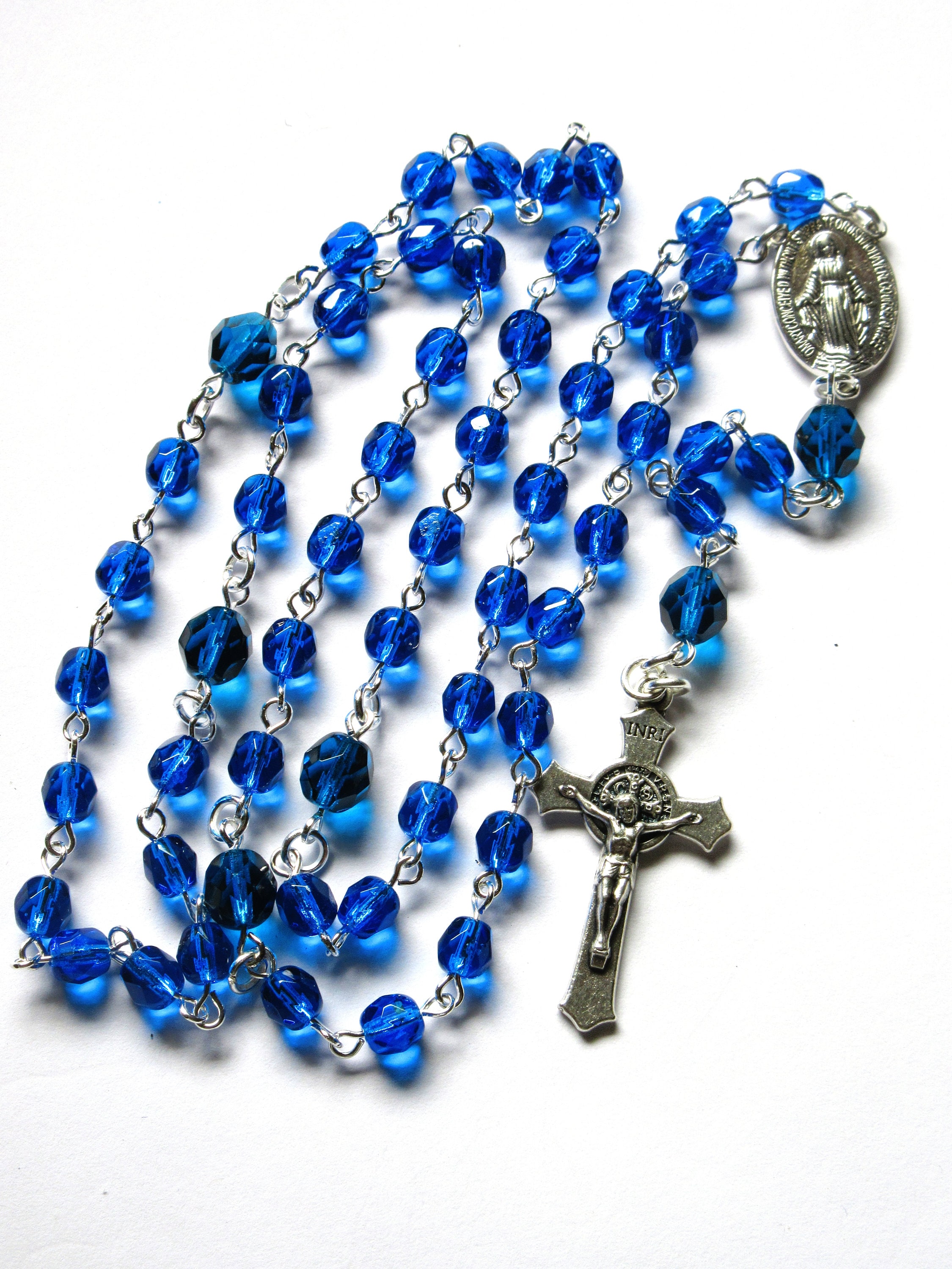 Sapphire Blue Crystal Catholic Rosary, Dark Blue Czech Crystal