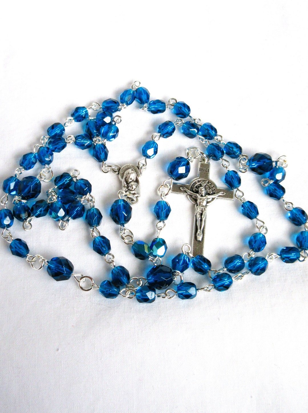 Dark Aqua Blue Catholic Rosary, Czech Fire Polished Beads, Prayer Beads