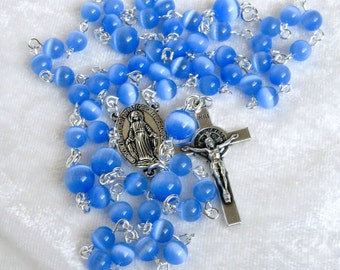 Blue Catholic rosary, blue cat's eye beads, 5 decade religious gift, 801