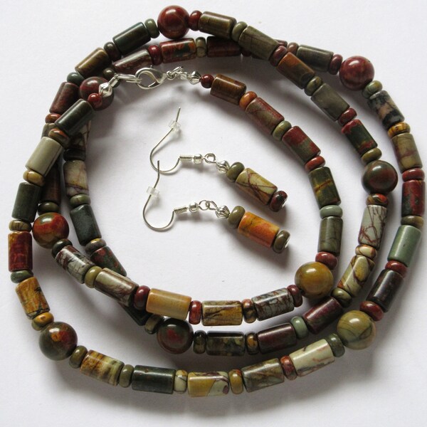 Red creek jasper jewelry set, earth tone gemstone, 32" necklace, 3/4" earrings, 249