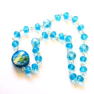Aqua blue Unitarian Universalist crystal prayer beads with lampworked entry, 834
