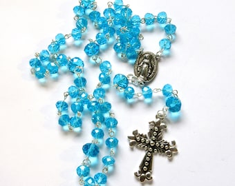 Crystal Catholic rosary, aqua blue crystal prayer beads, 416