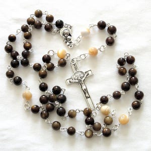 Brown Catholic rosary, Mother of pearl, man&#39;s religious gift, 822